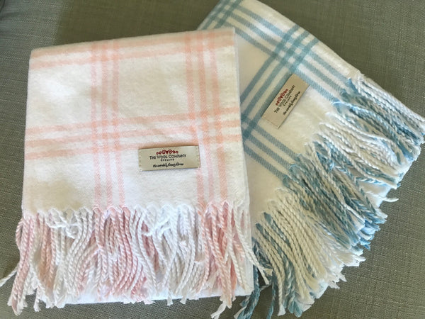 WOOL COMPANY Brushed Cotton Check Baby Blanket Blue or Pink
