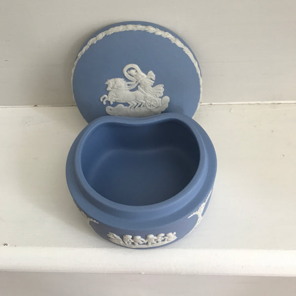 Vintage Wedgewood Blue Jasperware Kidney Shaped Trinket Box Pegasus Chariot