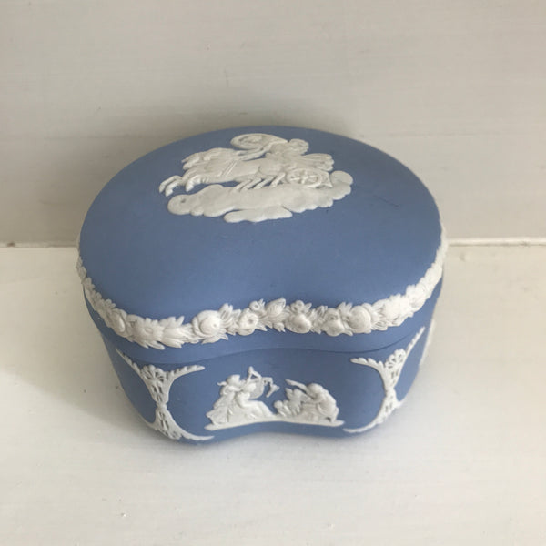 Vintage Wedgewood Blue Jasperware Kidney Shaped Trinket Box Pegasus Chariot