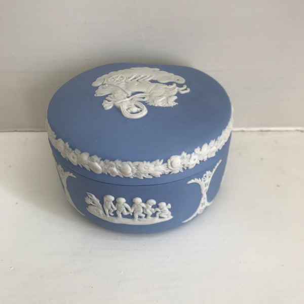 Vintage Wedgewood Blue Jasperware Kidney Shaped Trinket Box Pegasus Chariot